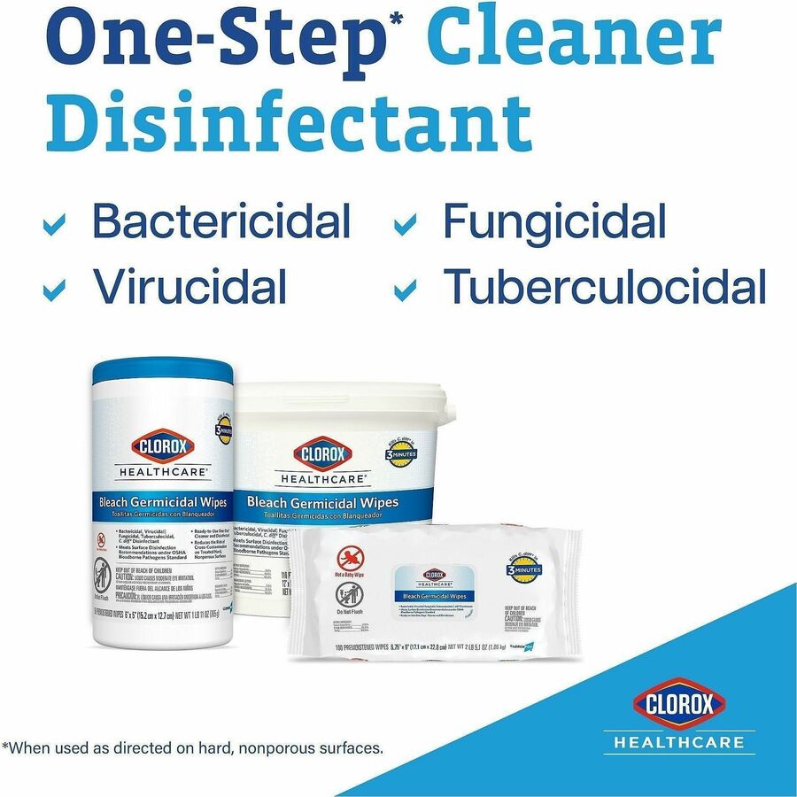 Clorox Healthcare Bleach Germicidal Wipes Bucket - Ready-To-Use - Wipe - 12" Length x 12" Width - Disinfectant - White -