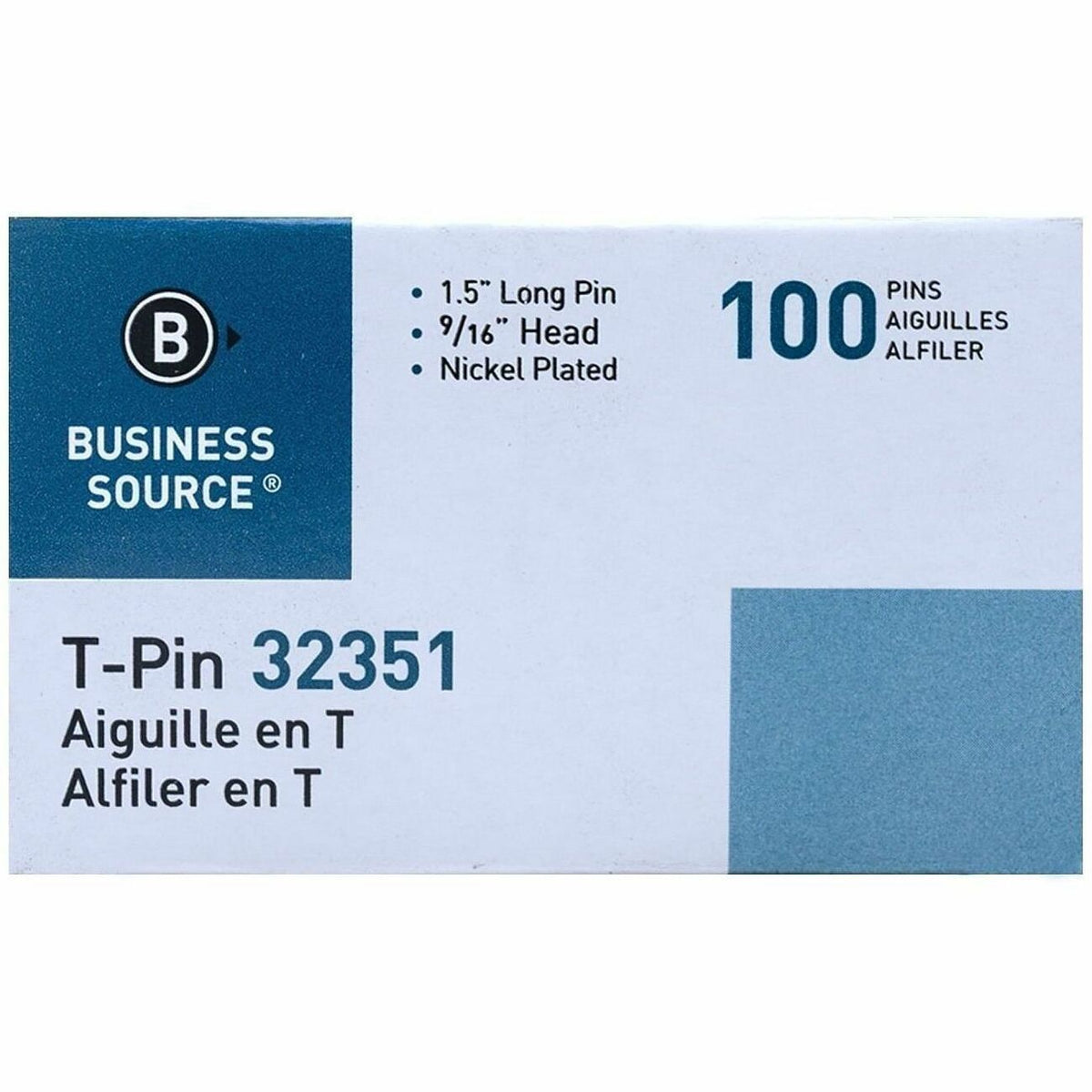 Business Source High Quality Steel T-pins - 0.56" Head - 2" Length x 0.6" Width - Silver - Steel - 100 / Box