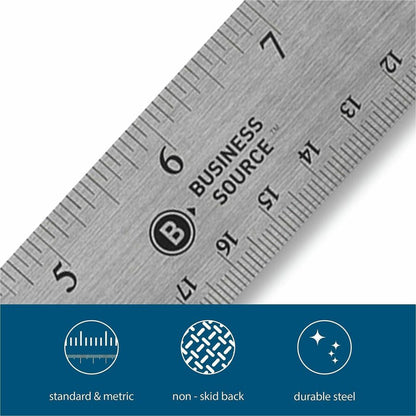 Business Source Nonskid Stainless Steel Ruler - 12" Length - 1/16, 1/32 Graduations - Metric Measuring System - Stainles