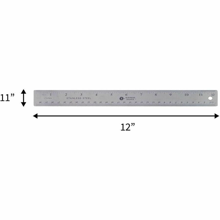 Business Source Nonskid Stainless Steel Ruler - 12" Length - 1/16, 1/32 Graduations - Metric Measuring System - Stainles