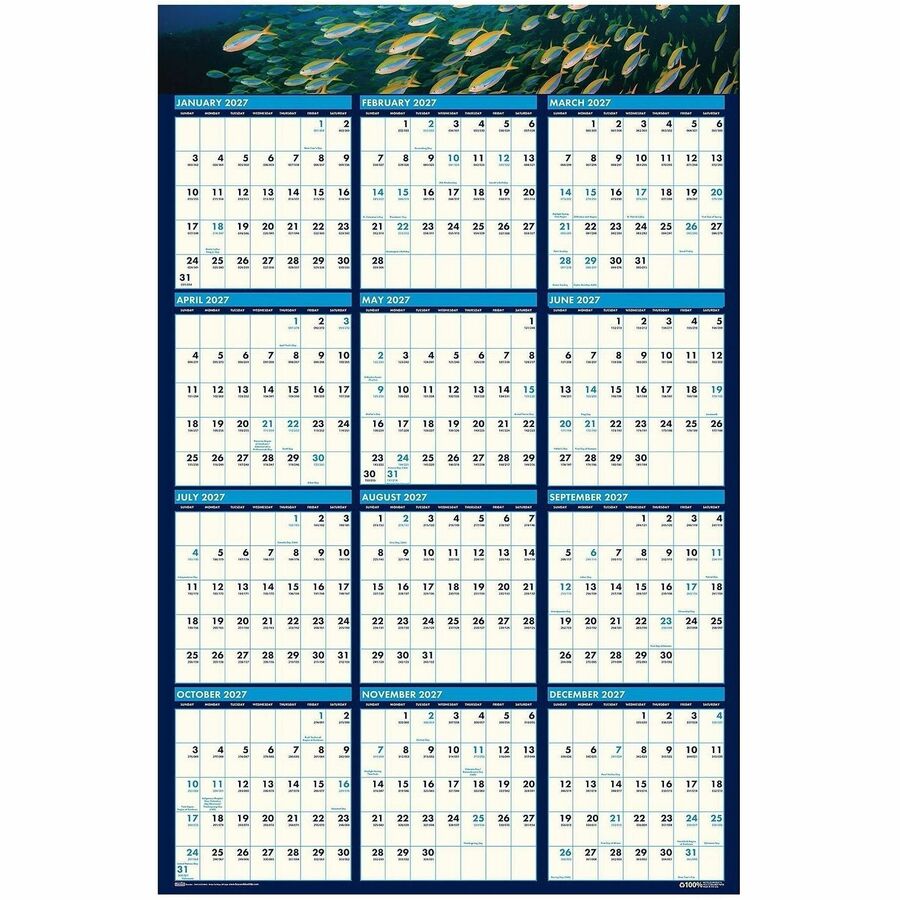 House of Doolittle Earthscapes Sea Life Laminated Planner - Julian Dates - 12 Month - January 2027 to December 2027 - 24