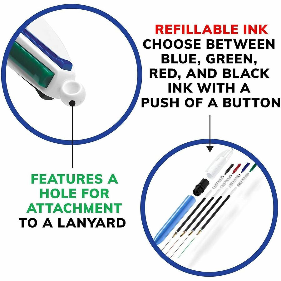 BIC 4-Color Retractable Ball Pen - 1 mm Medium Conical Pen Point - Refillable - Retractable - Black, Blue, Green, Red In