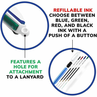 BIC 4-Color Retractable Ball Pen - 1 mm Medium Conical Pen Point - Refillable - Retractable - Black, Blue, Green, Red In