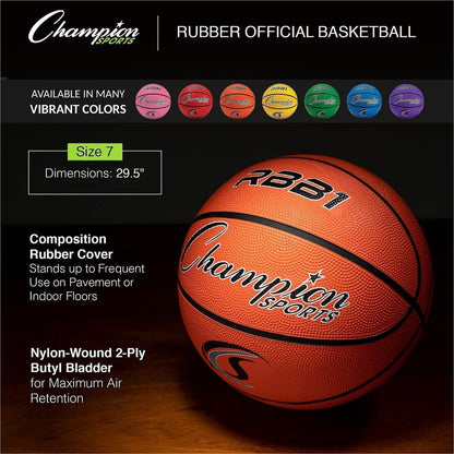 Champion Sports Size 7 Rubber Basketball Orange - 29.50" - 7 - Rubber, Nylon - Orange - 1  Each