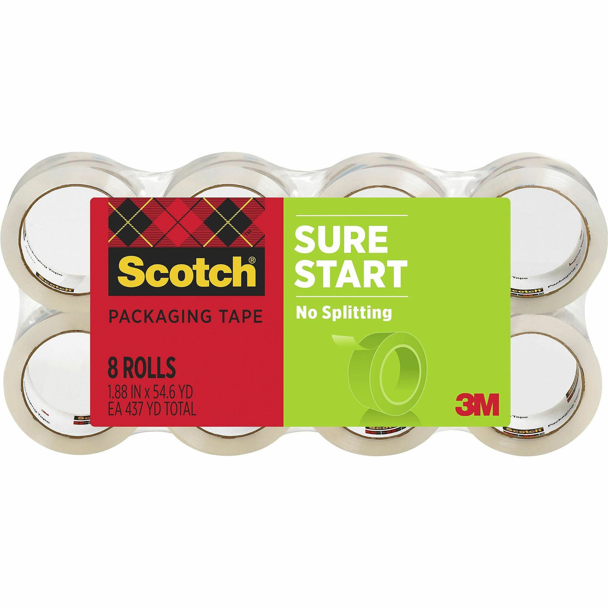 Scotch Sure Start Packaging Tape - 54.60 yd Length x 1.88" Width x 2.6 mil Thickness - 3" Core - Clear - Synthetic Rubbe