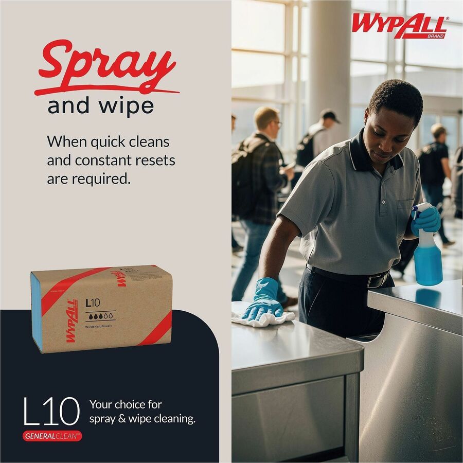 Wypall L10 Disposable Towels Windshield Wipe - 2 Ply - 9.30" Width x 10.25" Length - Blue - 140/Pack - 1 Carton