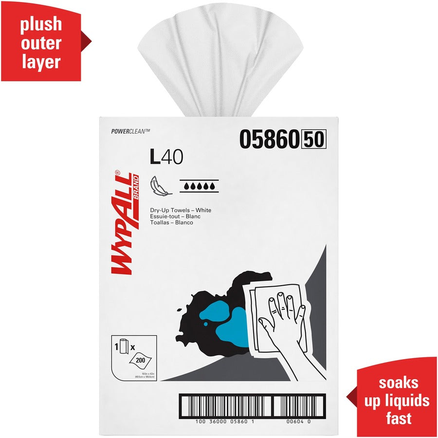 Wypall Power Clean L40 Extra Absorbent Towels - 19.50" Width x 42" Length - 200 Sheets/Roll - White, Blue - Hydroknit - 