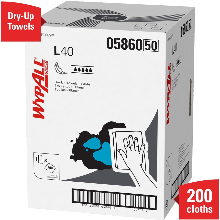 Wypall Power Clean L40 Extra Absorbent Towels - 19.50" Width x 42" Length - 200 Sheets/Roll - White, Blue - Hydroknit - 