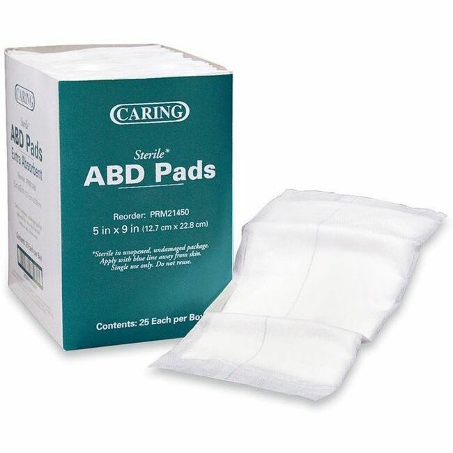 Medline Caring Sterile Abdominal Pads - - 5" Width x 9" Length - White - 25 / Box
