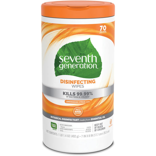 Seventh Generation Disinfecting Cleaner - Lemongrass Citrus Scent - 8" Length x 7" Width - Deodorize - White - 70/Tub - 