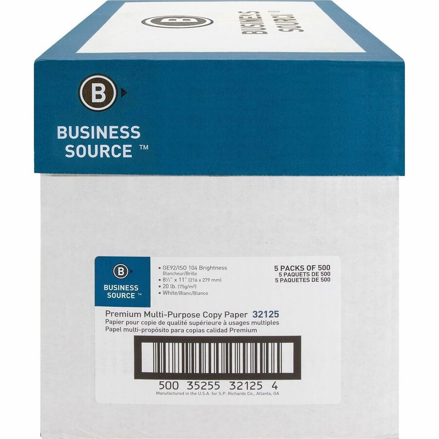 Business Source Premium Multipurpose Copy Paper - White - 92 Brightness - Letter - 8 1/2" x 11" - 20 lb Basis Weight - A