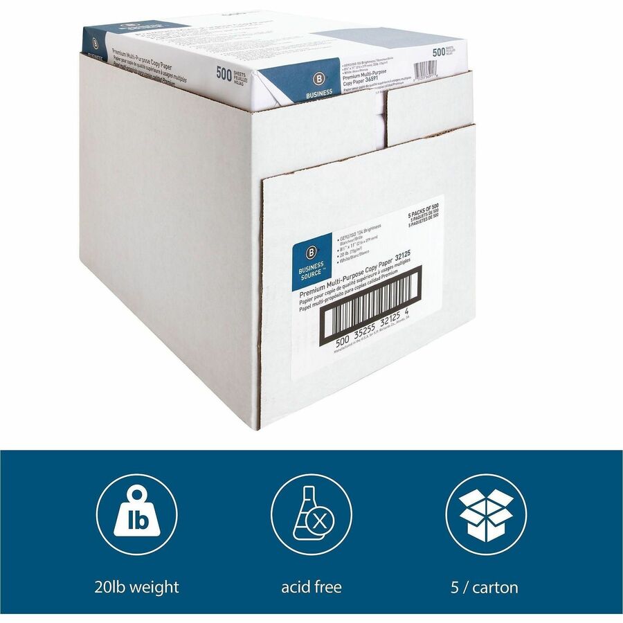 Business Source Premium Multipurpose Copy Paper - White - 92 Brightness - Letter - 8 1/2" x 11" - 20 lb Basis Weight - A