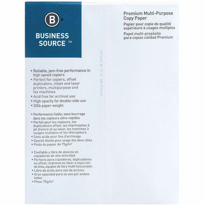 Business Source Premium Multipurpose Copy Paper - White - 92 Brightness - Letter - 8 1/2" x 11" - 20 lb Basis Weight - A