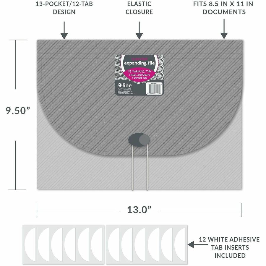 C-Line 48311 Letter Expanding File - 8 1/2" x 11" - 13 Pocket - Polypropylene - Smoke - Acid-free, Non-toxic, Button Clo