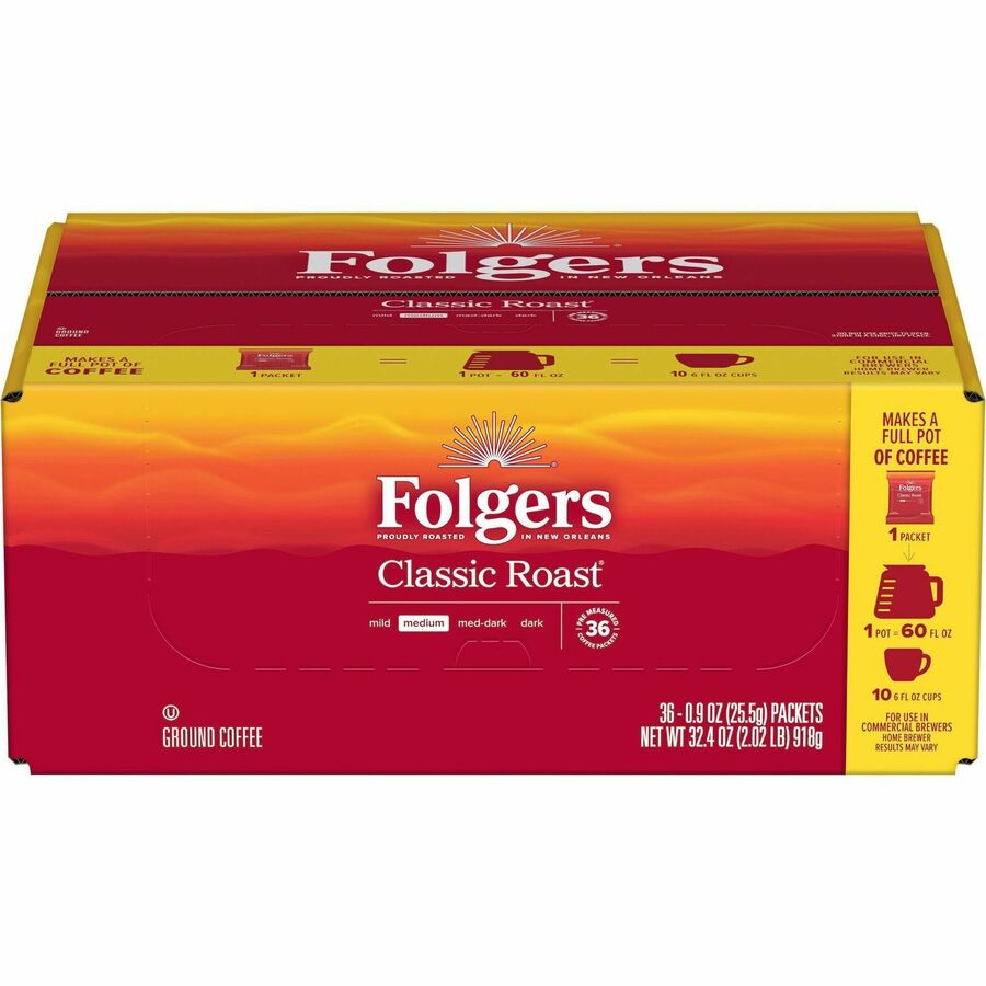 Folgers® Fraction Pack Classic Roast Coffee - Regular - Medium - 0.9 oz - Fraction Pack - 36 / Carton