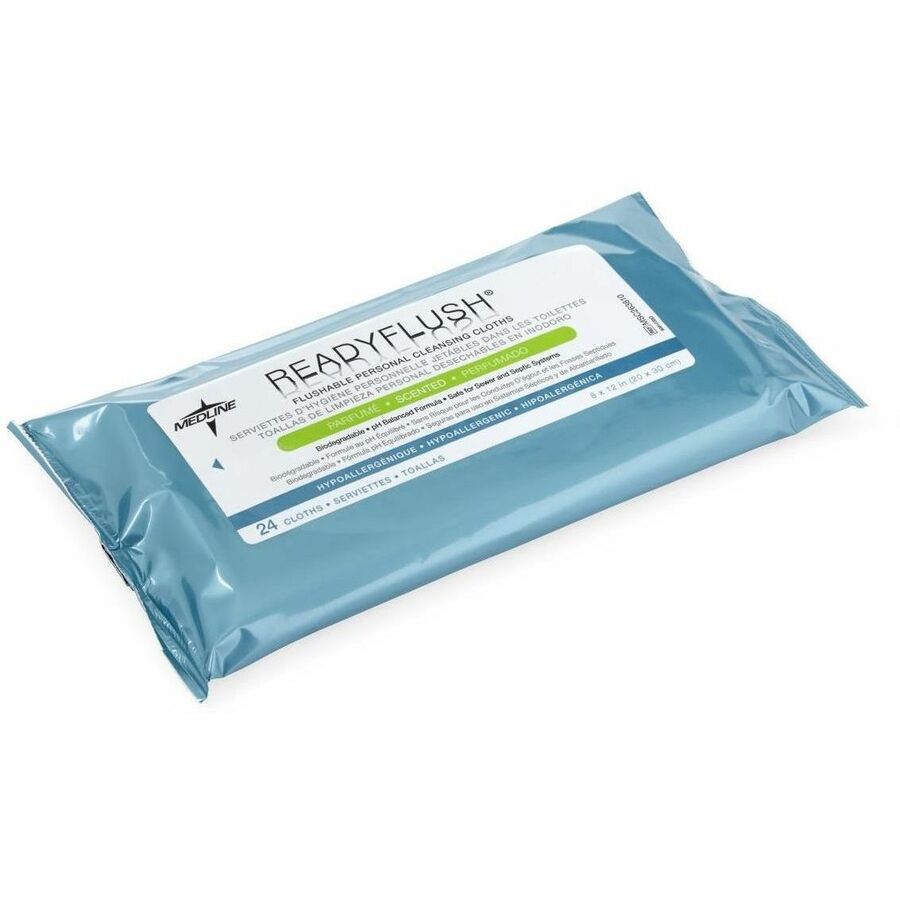 Medline ReadyFlush Biodegradable Flushable Wipes - 8" Width x 10" Length - White - Cloth, Fiber, Cloth Fiber - 24 / Cart