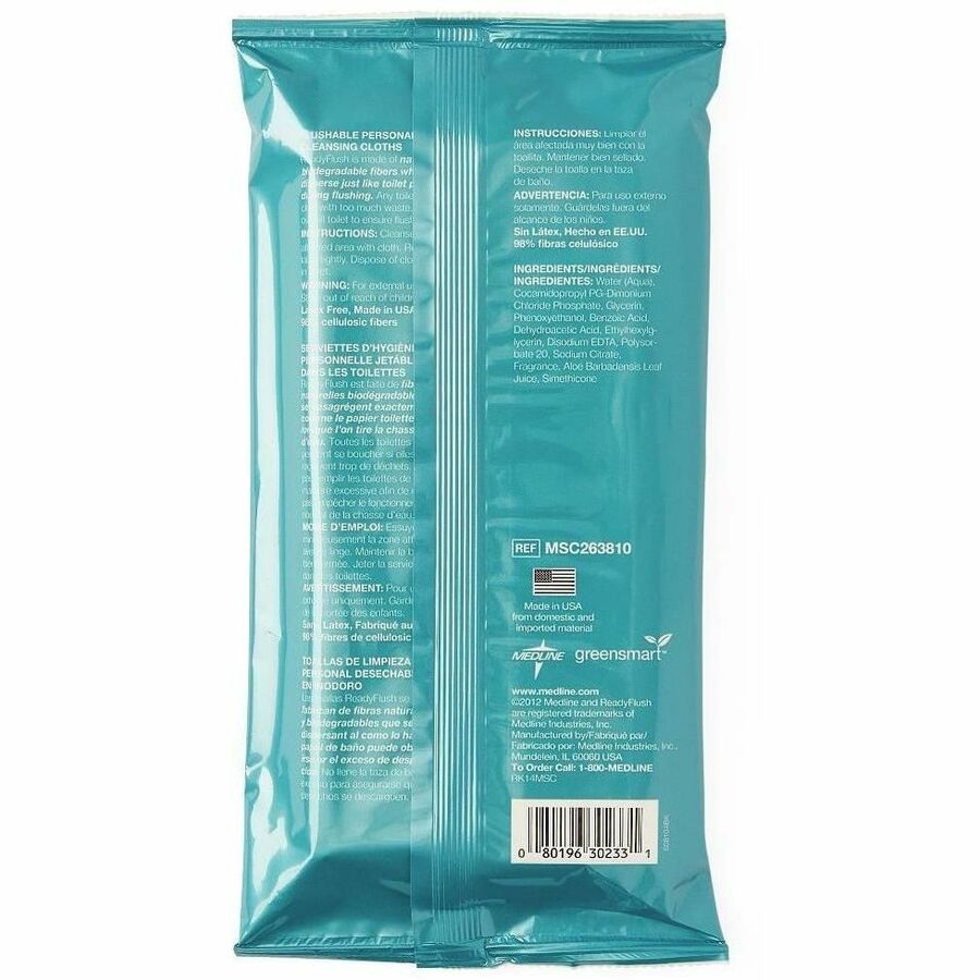 Medline ReadyFlush Biodegradable Flushable Wipes - 8" Width x 10" Length - White - Cloth, Fiber, Cloth Fiber - 24 / Cart