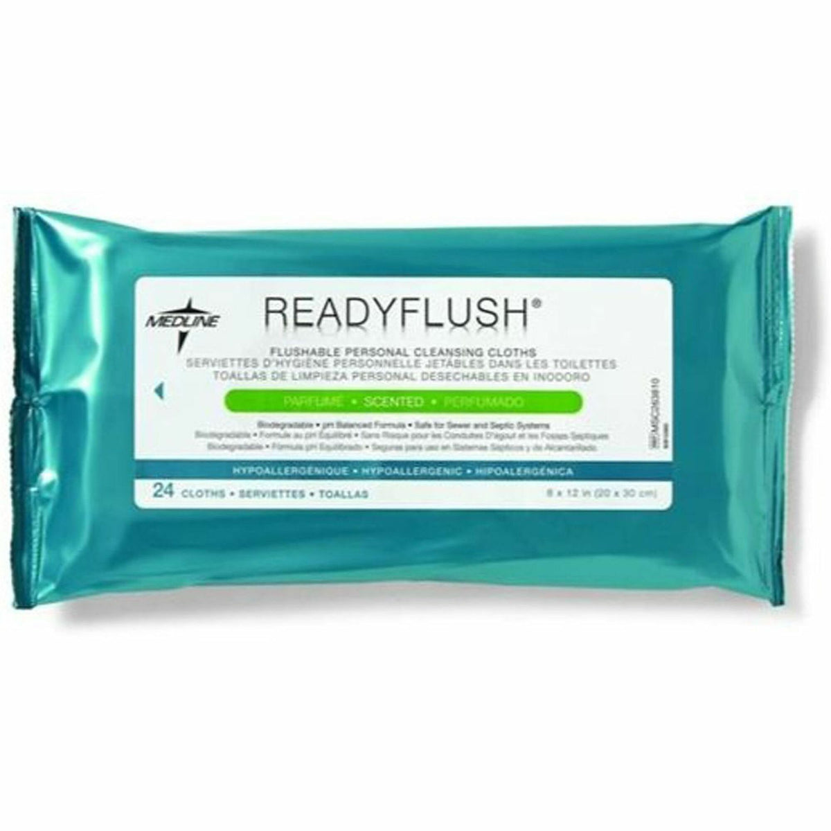 Medline ReadyFlush Biodegradable Flushable Wipes - 8" Width x 10" Length - White - Cloth, Fiber, Cloth Fiber - 24 / Cart