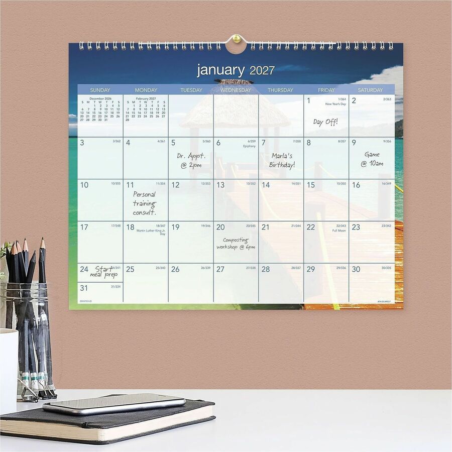 At-A-Glance Tropical Escape Wall Calendar - Medium - Julian Dates - Monthly - 12 Month - January 2027 to December 2027 -
