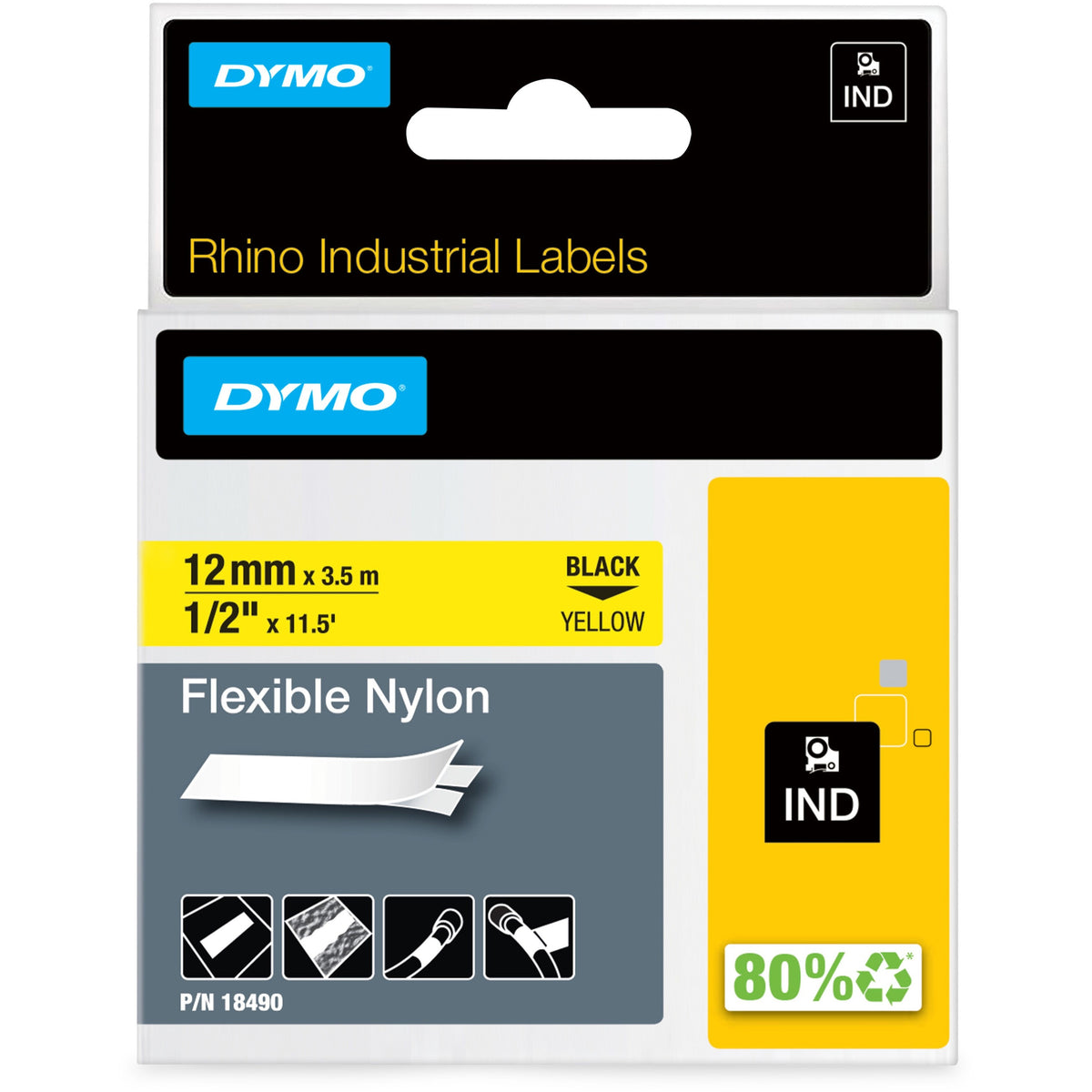 Dymo Rhino Flexible Nylon Labels - x 1/2" Width - Direct Thermal - Yellow - Nylon - 1 Each