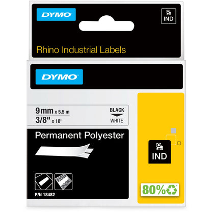 Dymo Rhino Permanent Poly Labels - x 3/8" Width - Permanent Adhesive - Direct Thermal - White - Polyester - 1 Each