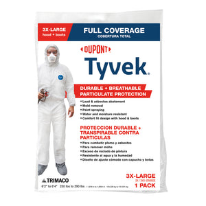 Dupont Tyvek Unisex Polyethylene Full Coverage Hooded Coverall W/Boot White 3XL 141252/12 1 pk