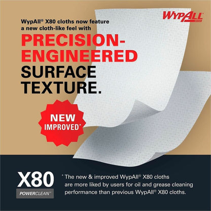 Wypall PowerClean X80 Heavy Duty Cloths - Brag Box - 11.10" Width x 16.80" Length - White - Pulp Fiber, Polypropylene - 