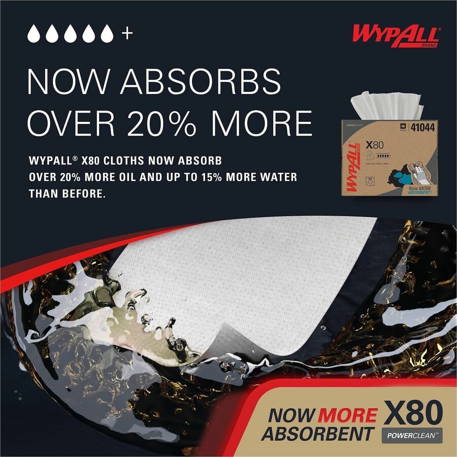 Wypall PowerClean X80 Heavy Duty Cloths - Brag Box - 11.10" Width x 16.80" Length - White - Pulp Fiber, Polypropylene - 