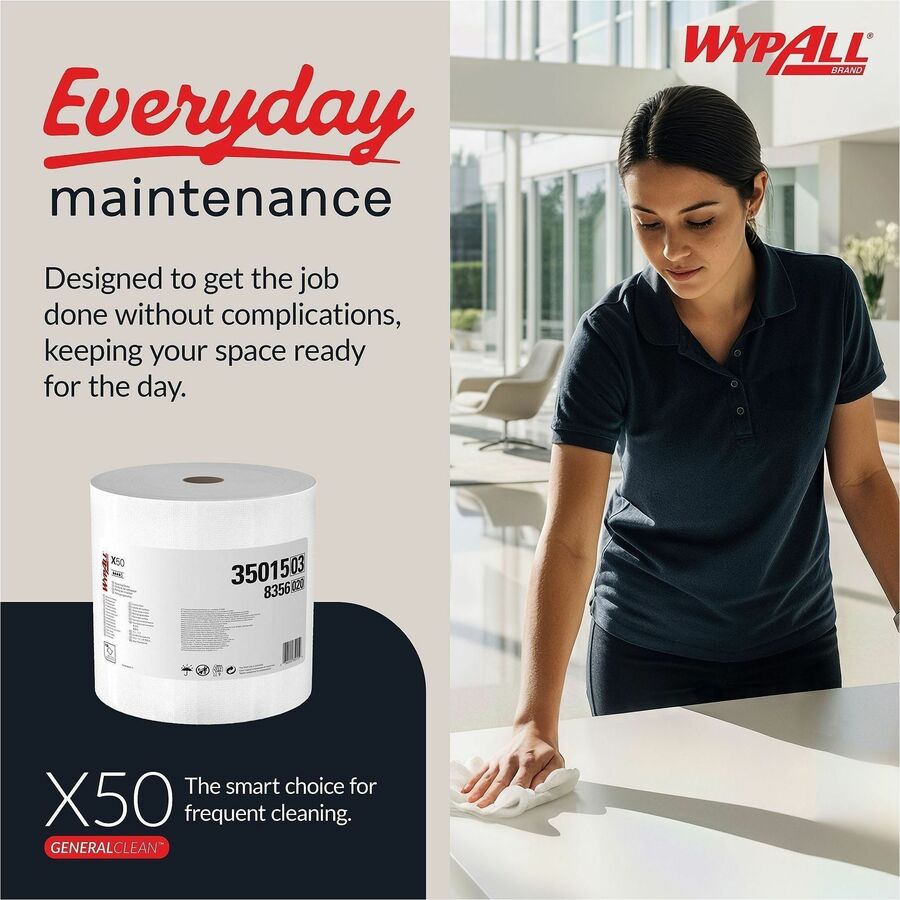 Wypall General Clean X50 Cleaning Cloths - 12.20" Length x 9.80" Width - Reinforced - White - 1 Roll
