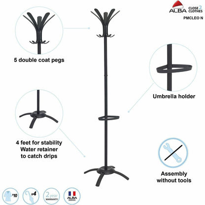 Alba Black Coat Stand - 10 Pegs - 68.9" Height x 19.7" Width - for Coat, Umbrella, Clothes - Metal - Black - Powder Coat