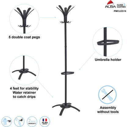 Alba Black Coat Stand - 10 Pegs - 68.9" Height x 19.7" Width - for Coat, Umbrella, Clothes - Metal - Black - Powder Coat