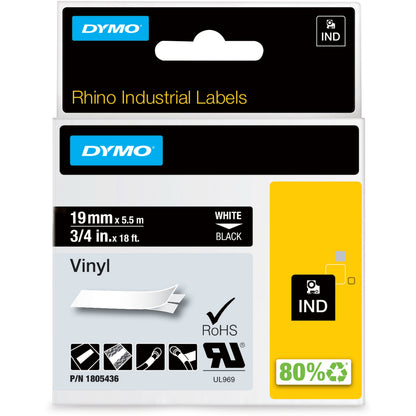Dymo Colored 3/4" Vinyl Label Tape - 15/32" Width - Permanent Adhesive - Thermal Transfer - White - Vinyl - Water Resist