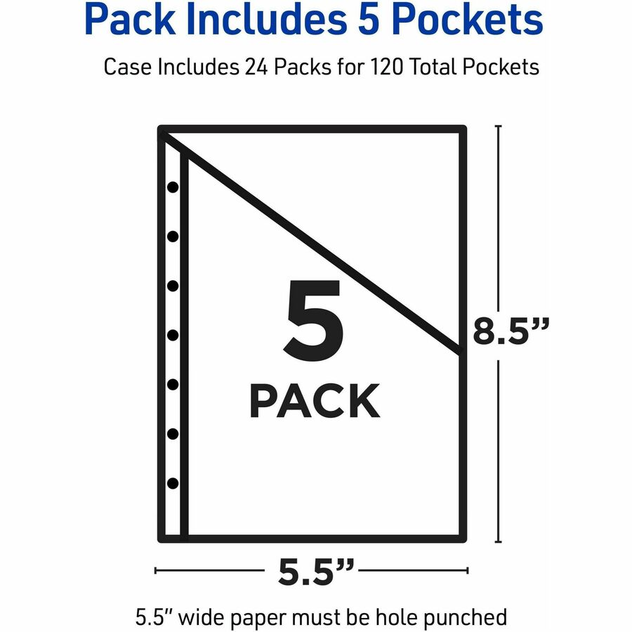 Avery® Mini Binder Pockets, Assorted, 5.5" x 8.5" , 5ct (75307) - 20 x Sheet, Paper, Photograph, Document Capacity - 5 /