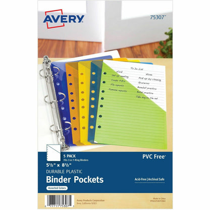 Avery® Mini Binder Pockets, Assorted, 5.5" x 8.5" , 5ct (75307) - 20 x Sheet, Paper, Photograph, Document Capacity - 5 /