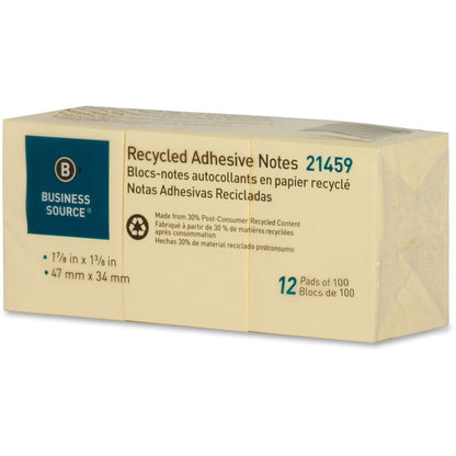 Business Source Yellow Adhesive Notes - 1 7/8" Flag/Note Width x 1 3/8" Flag/Note Length - Rectangle - Unruled - Yellow 