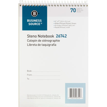 Business Source Steno Notebook - 70 Sheets - Wire Bound - Pitman Ruled Margin - 6" x 9" Sheet Size - Green Paper - Stiff