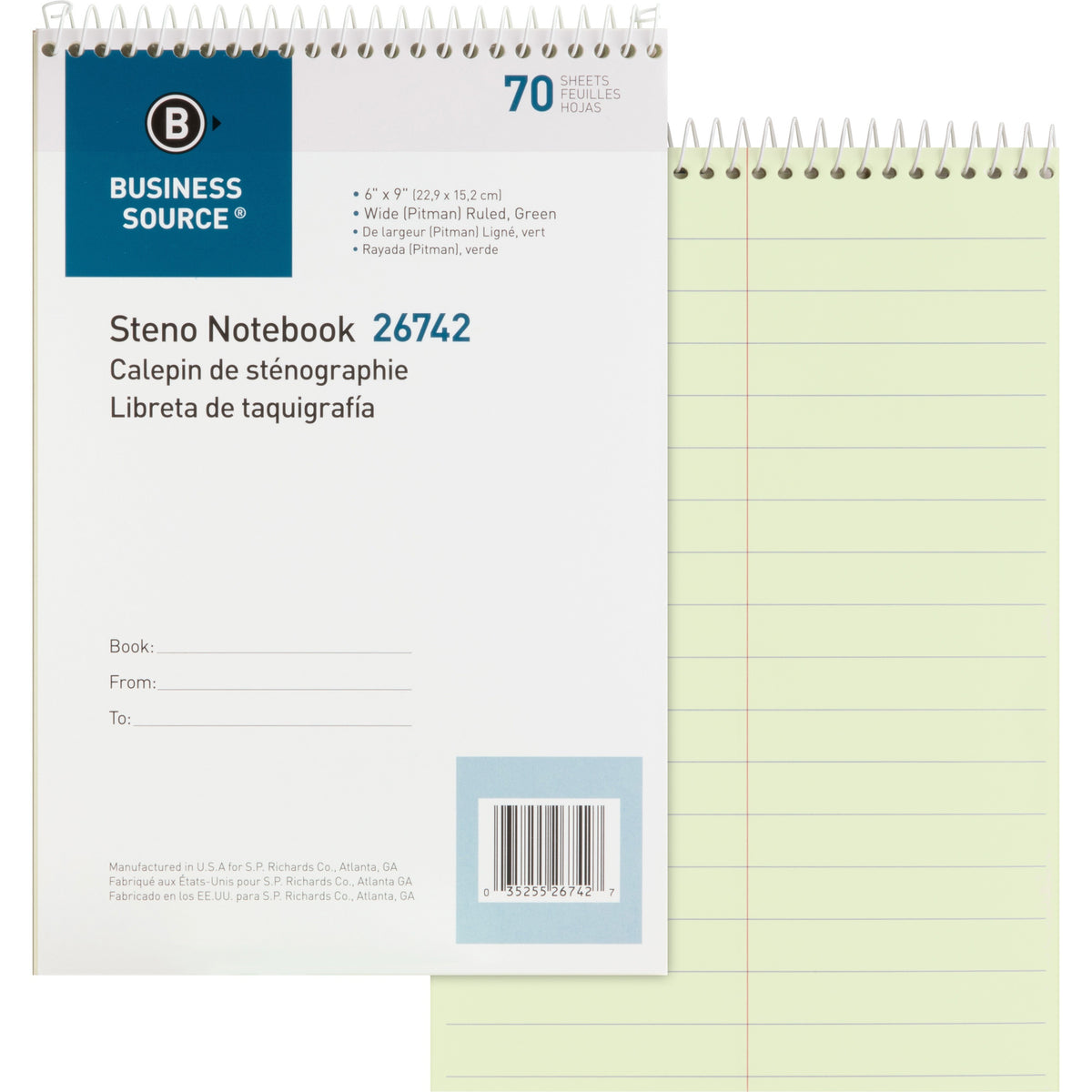 Business Source Steno Notebook - 70 Sheets - Wire Bound - Pitman Ruled Margin - 6" x 9" Sheet Size - Green Paper - Stiff