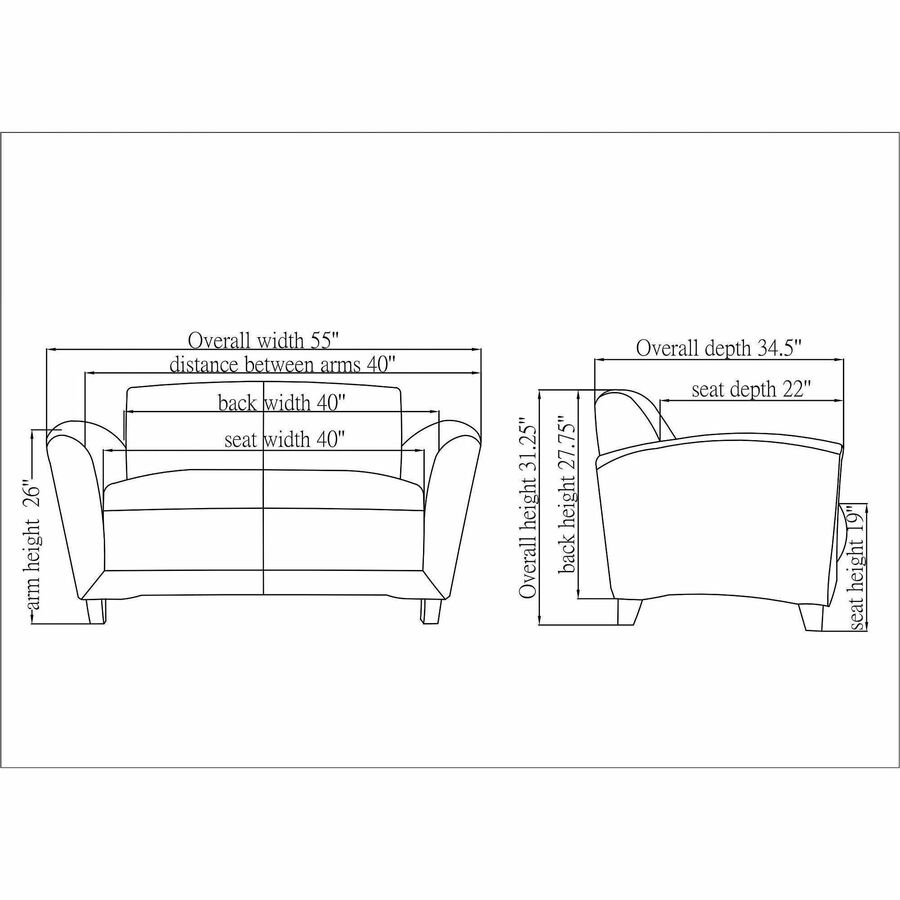 Lorell Accession Reception Loveseat - 55" x 34.5" x 31.3" Overall Dimension - Leather Black Seat - Leather Black Back - 