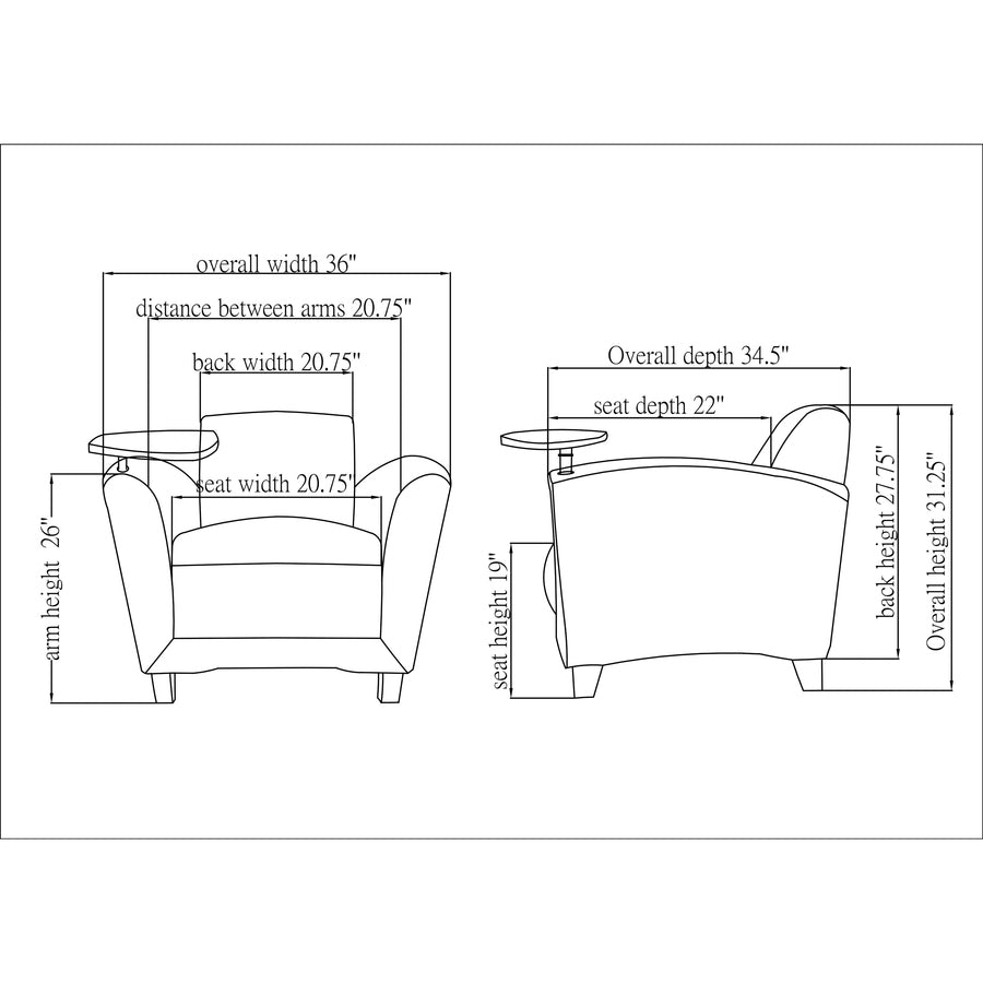 Lorell Accession Club Chair with Tablet Tray - Black Seat Color - Leather Seat Material - Four-legged Base - 1 Each