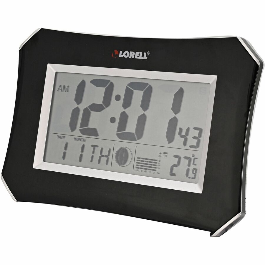 Lorell LCD Wall/Alarm Clock - Digital - Quartz - LCD - Black Main Dial - Silver Case - Plastic - 1 Each
