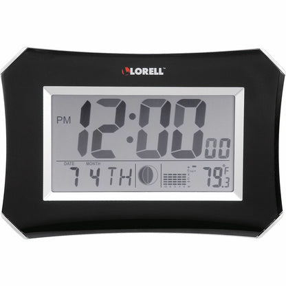 Lorell LCD Wall/Alarm Clock - Digital - Quartz - LCD - Black Main Dial - Silver Case - Plastic - 1 Each