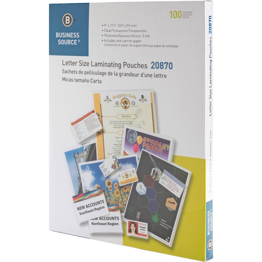 Business Source Letter Size Laminating Pouches - Laminating Pouch/Sheet Size: 9" Width x 11.50" Length x 3 mil Thickness