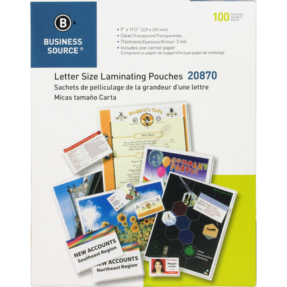 Business Source Letter Size Laminating Pouches - Laminating Pouch/Sheet Size: 9" Width x 11.50" Length x 3 mil Thickness