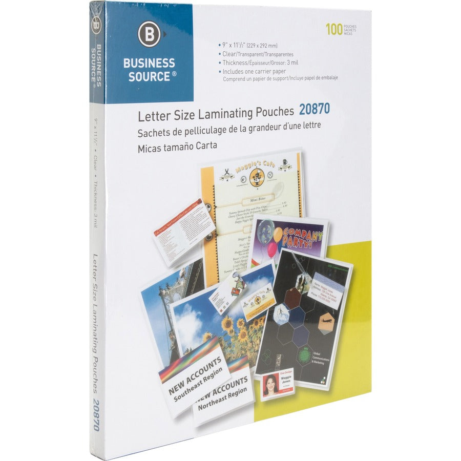 Business Source Letter Size Laminating Pouches - Laminating Pouch/Sheet Size: 9" Width x 11.50" Length x 3 mil Thickness