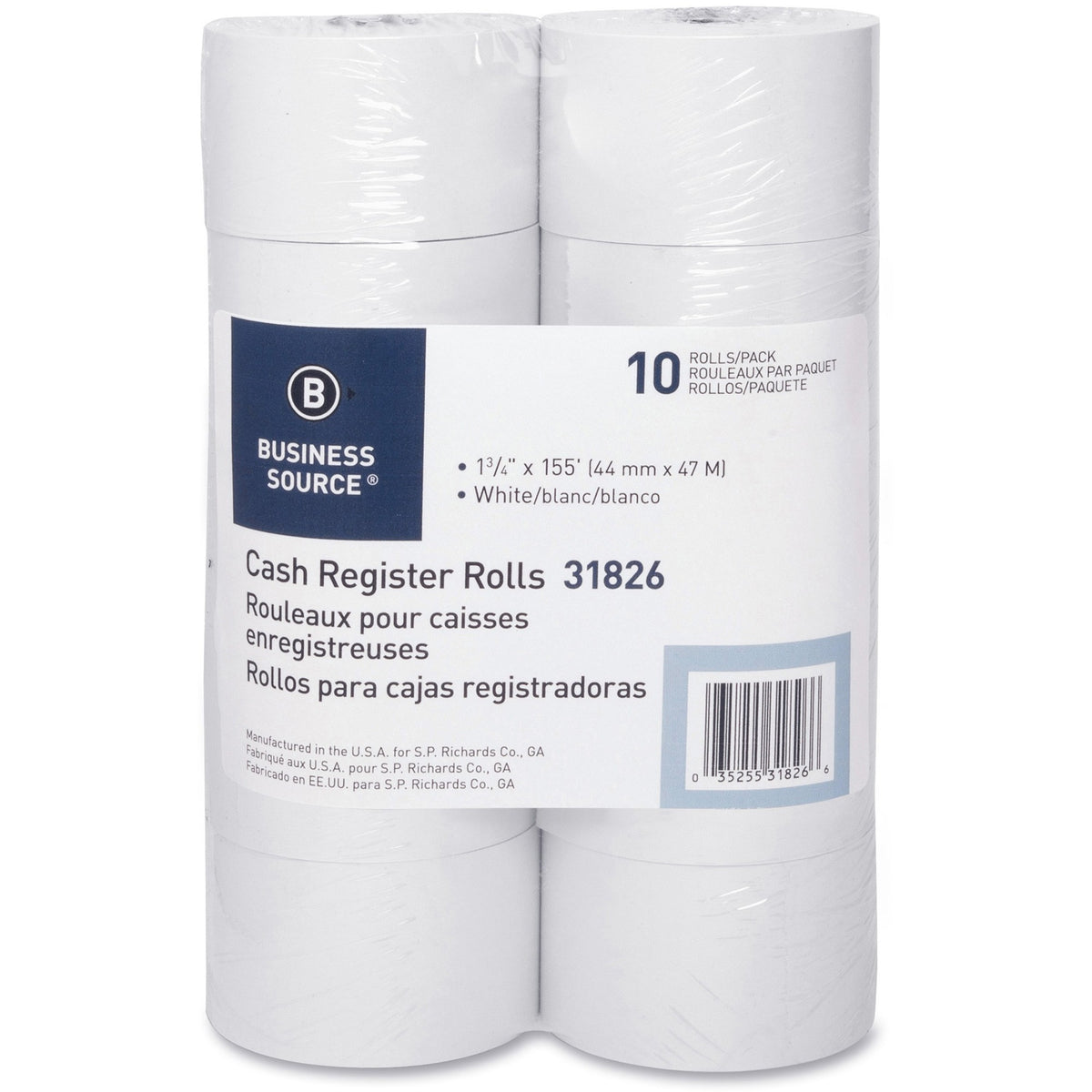 Business Source 1-Ply 155' Adding Machine Paper Rolls - 1 3/4" x 155 ft - 13.80 lb Basis Weight - Sustainable Forestry I