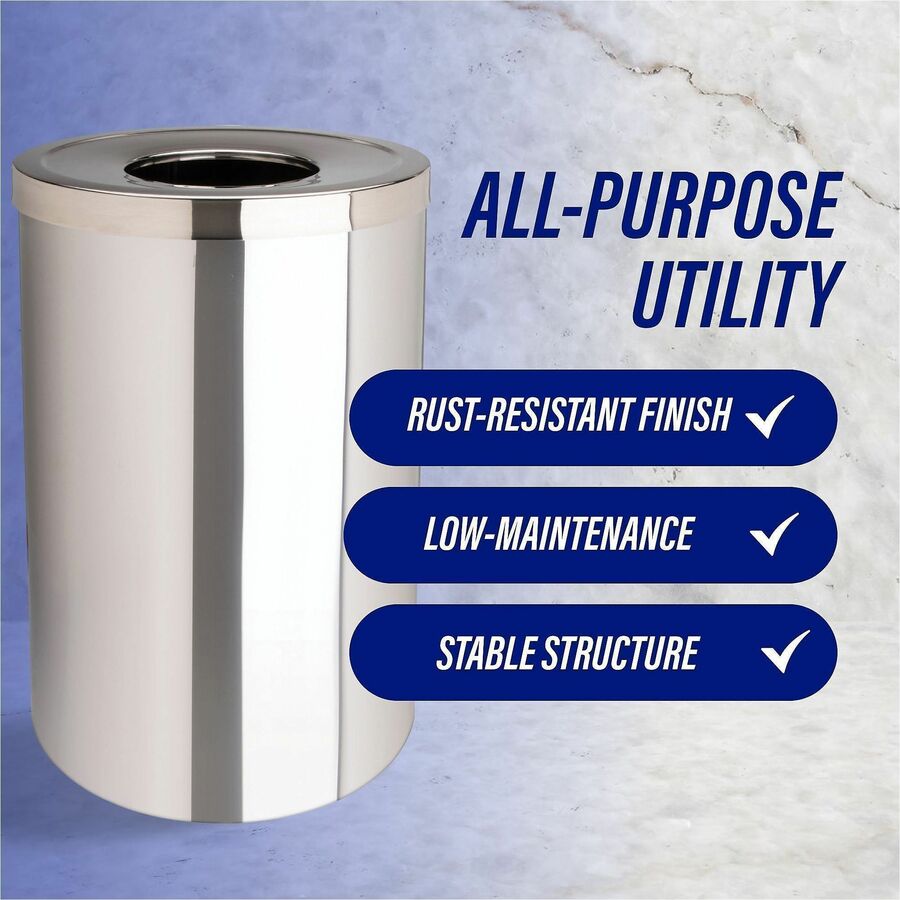 Genuine Joe 30 Gallon Stainless Steel Trash Receptacle - 30 gal Capacity - Durable, Heavy Duty - 31.5" Height x 20" Diam