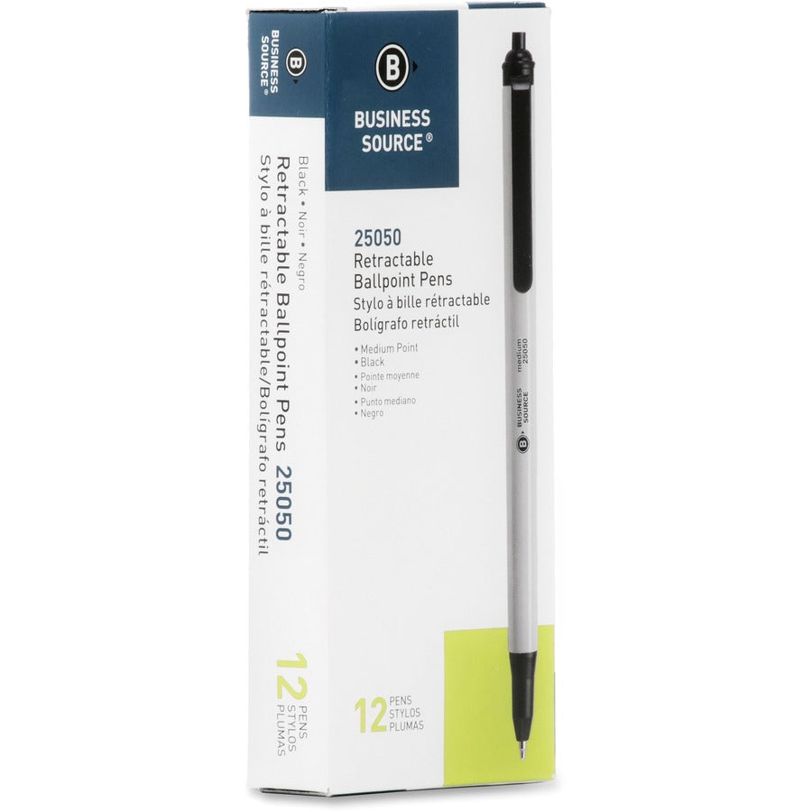 Business Source Retractable Ballpoint Pens - Medium Pen Point - Retractable - Black Ink - Gray Barrel - 12 / Dozen