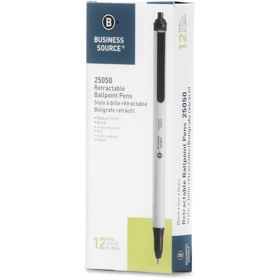Business Source Retractable Ballpoint Pens - Medium Pen Point - Retractable - Black Ink - Gray Barrel - 12 / Dozen