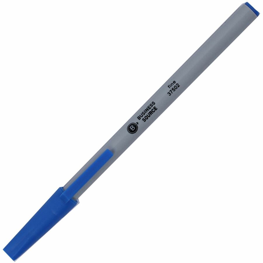 Business Source Fine Point Ballpoint Stick Pens - Fine Pen Point - Blue Ink - Light Gray Barrel - Stainless Steel Tip - 