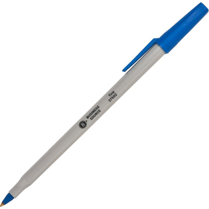 Business Source Fine Point Ballpoint Stick Pens - Fine Pen Point - Blue Ink - Light Gray Barrel - Stainless Steel Tip - 